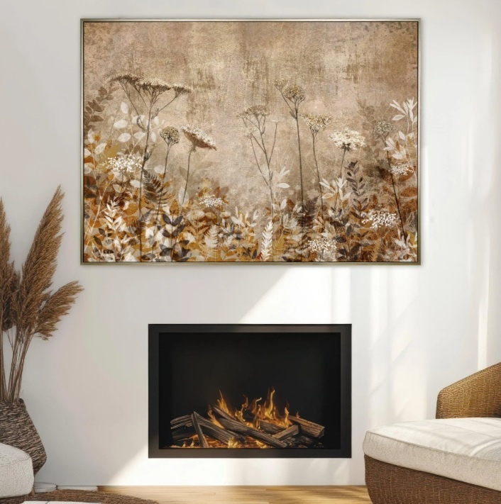 Radiance framed canvas wall art displayed above fireplace in modern living room