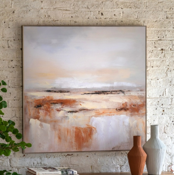 Warm Haze framed canvas wall art displayed in modern neutral living room