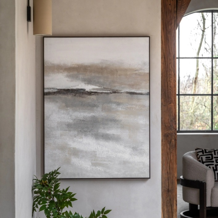 Drift framed canvas wall art displayed in modern neutral living room interior