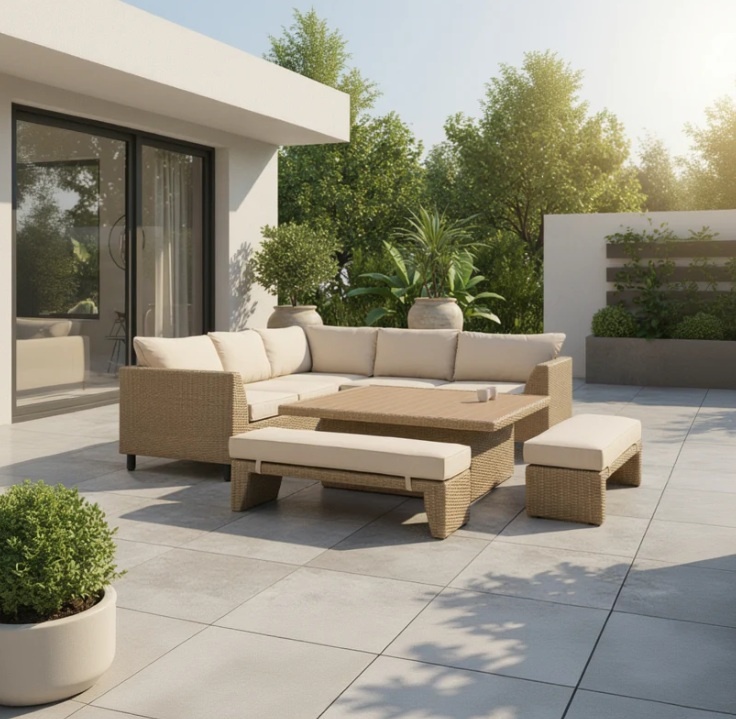 Gallery Garden Salcombe Lounge Set on a modern tiled patio next to bifold glass doors and large trees