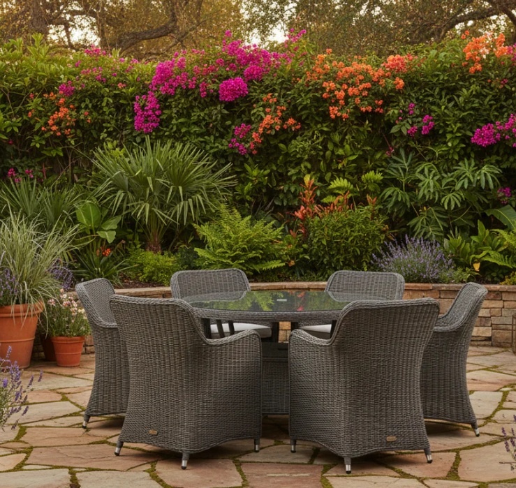 Gallery Garden Ascot 6 seater round dining set on a stone patio with colorful garden flowers