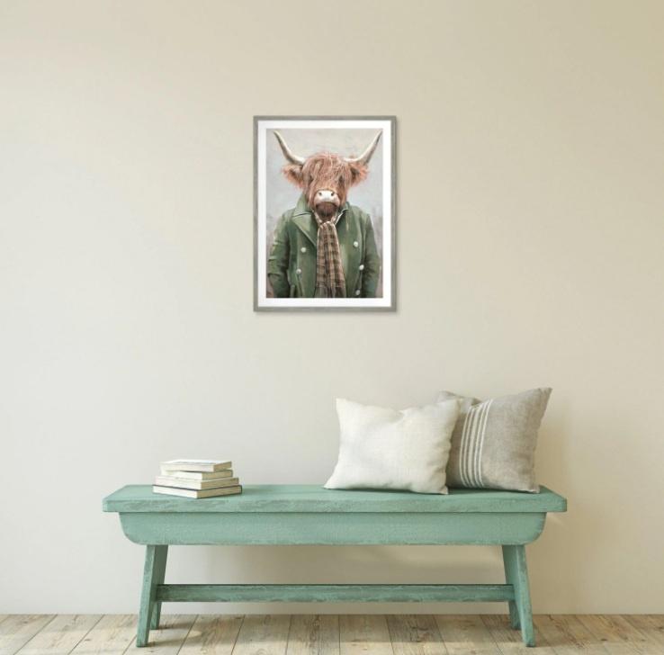 Highland cow framed wall art Angus styled in modern country living room