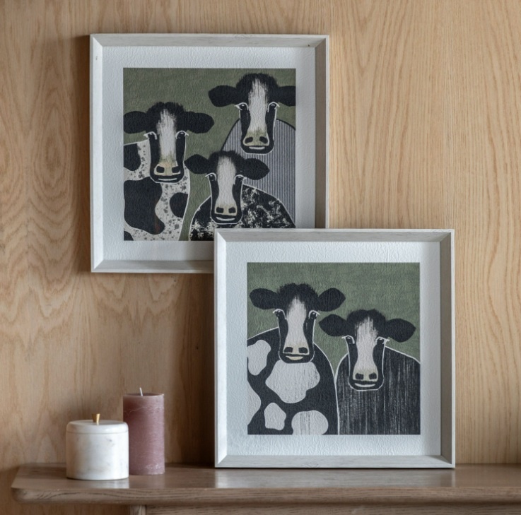 Animal Antics cow framed wall art single frame styled on shelf modern interior