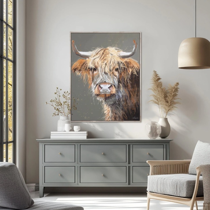 Brodie highland cow framed canvas styled above sideboard modern interior