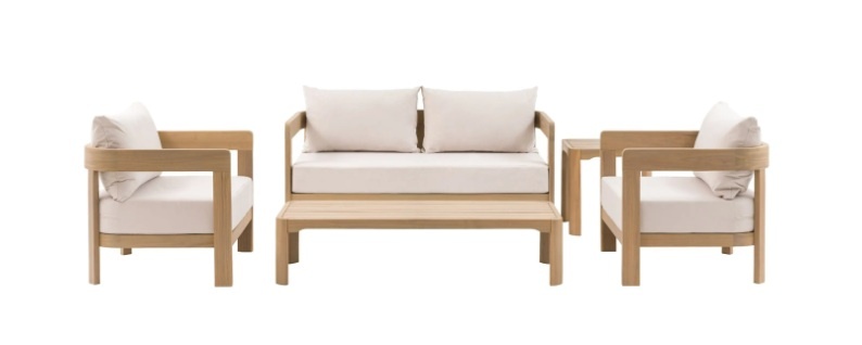Gallery Direct Madeira 4-seat outdoor lounge set in natural acacia wood with taupe cushions.