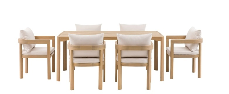 Gallery Direct Madeira 6-seater outdoor dining set made of natural acacia wood with taupe cushions.