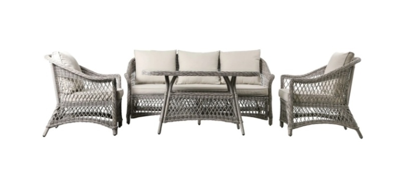 Gallery Menton Country Sofa Dining and Tea Set in Stone rattan with glass top table.