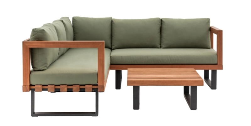 Gallery Direct Oad modern L-shaped garden corner sofa set with sage green cushions and slatted wood coffee table.