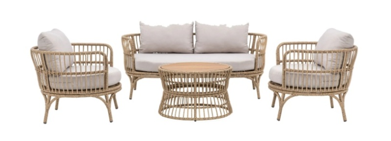 Gallery Direct Agadir 4-piece outdoor lounge set featuring a two-seater sofa, two armchairs, and a round acacia wood coffee t