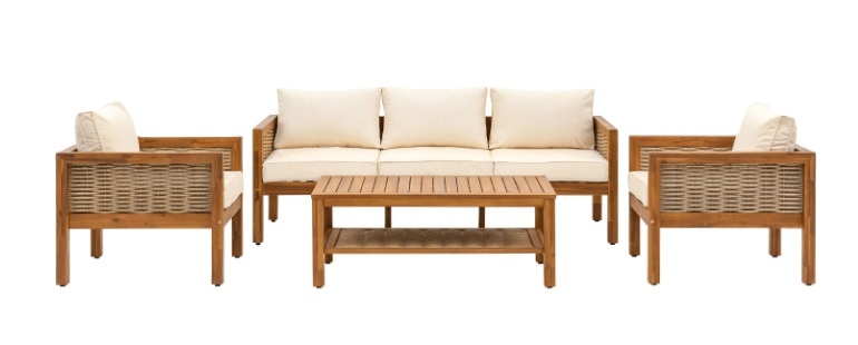 Gallery Direct Belize Lounge Set featuring a 3-seater sofa, two armchairs, and a matching coffee table in natural acacia wood
