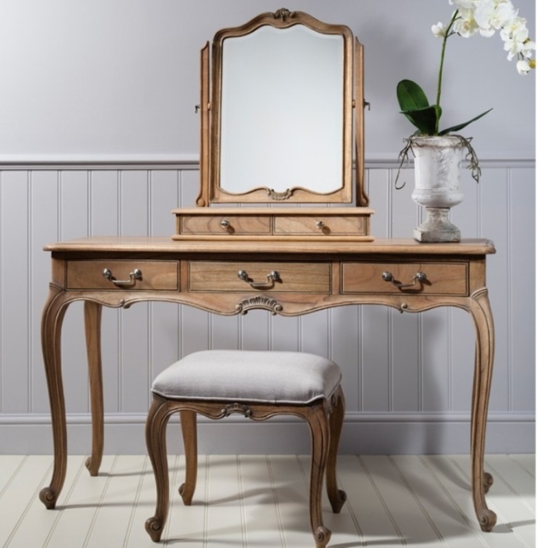Gallery Chic Weathered Dressing Table Set with Mirror and Upholstered Stool