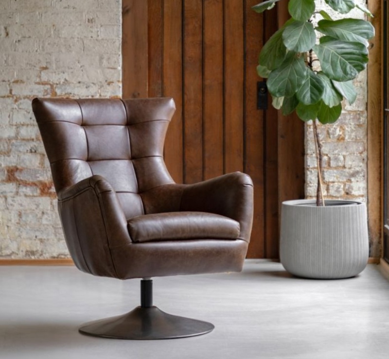 Gallery Direct Bristol Brown Leather Swivel Chair in contemporary living room