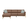 Ercol 4332 Forli Chaise LHF 3-seater sofa in premium pebble brown leather with solid oak legs and contrasting duck egg blue c