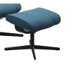 Stressless Consul footstool blue leather cross base side angle view