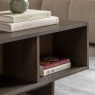Open shelf storage detail on Gallery Direct Onda 1 drawer coffee table in walnut finish