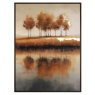 Golden treeline framed canvas wall art with autumn trees reflected in calm water