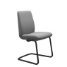 Stressless Laurel D400 low back dining chair Batick Wild Dove leather with black metal sled legs – angled view